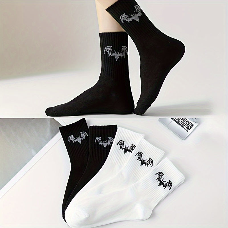 5 Pairs Bat Print Socks, Gothic & Comfy Mid Tube Socks, Women's Stockings & Hosiery