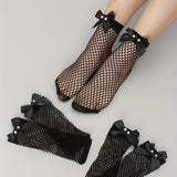 3 pares de calcetines de rejilla con lazo, finos y calados hasta el tobillo, medias y calcetas para mujer