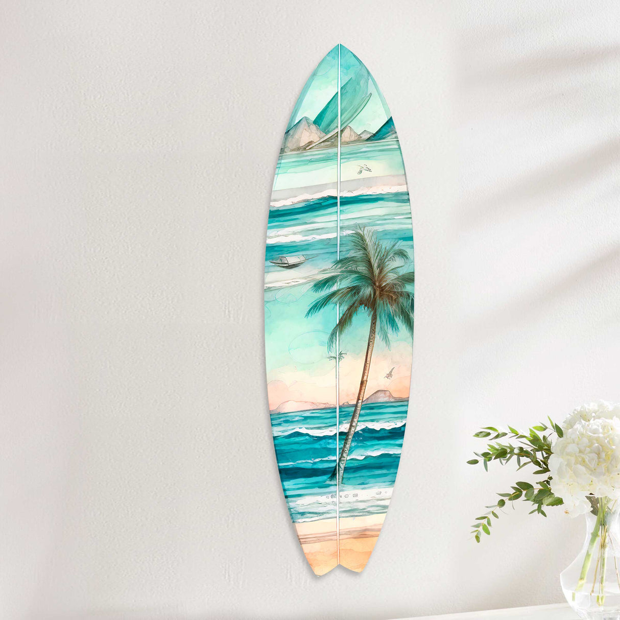Tabla de surf con palmeras tropicales, arte mural costero de G. DeBrekht - Decoración costera navideña - 8490112HS