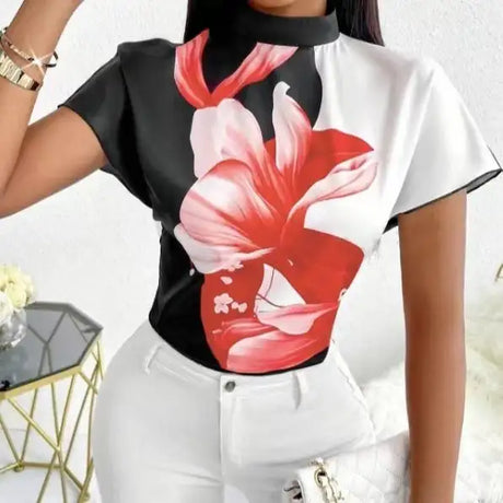 Women's New Small Stand Up Collar Loose Fit Comfortable And Elegant Temperament Floral Print Top - Lootquake