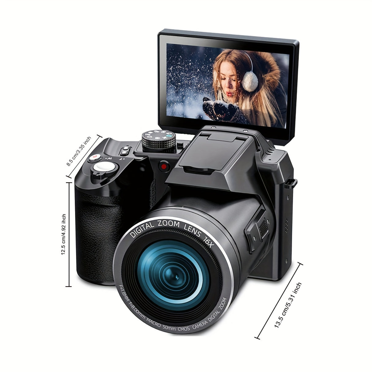 Cámara digital NBD de 64 MP para fotografía, videocámara 5K para YouTube con pantalla abatible de 3", zoom digital de 16x, enfoque automático, 2 baterías, tarjeta TF de 32 GB (S205, negra)