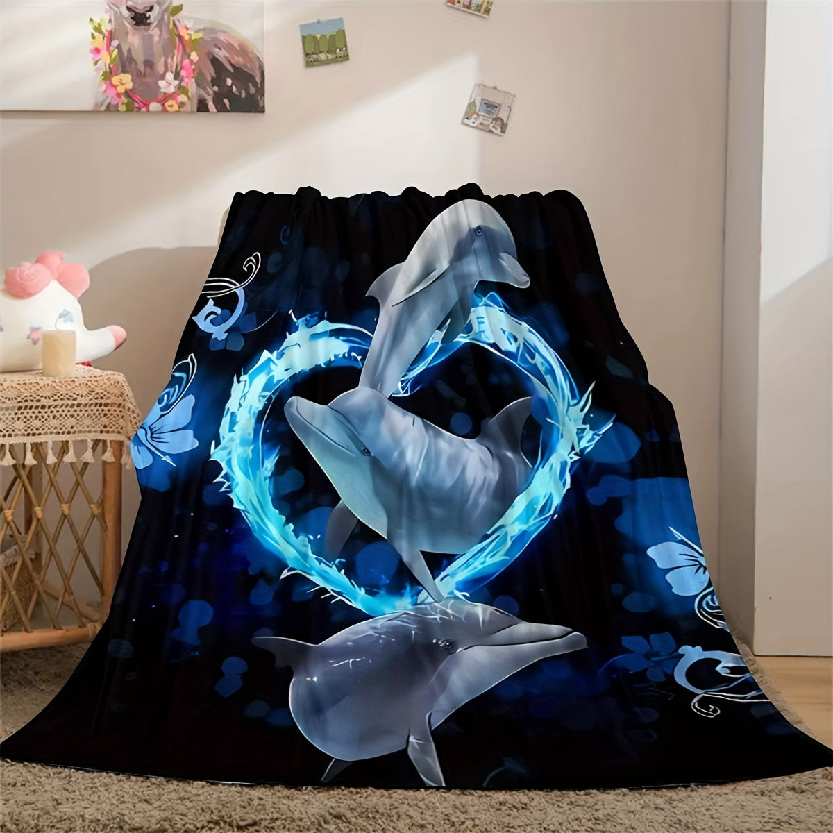 1pc Contemporary Reversible Flannel Blanket, 3D Digital Printed Blue Dolphin Design, All-Season Multipurpose Knitted Polyester Throw for Sofa, Room, Camping, Beach, Party, Office Break - 200-250gsm