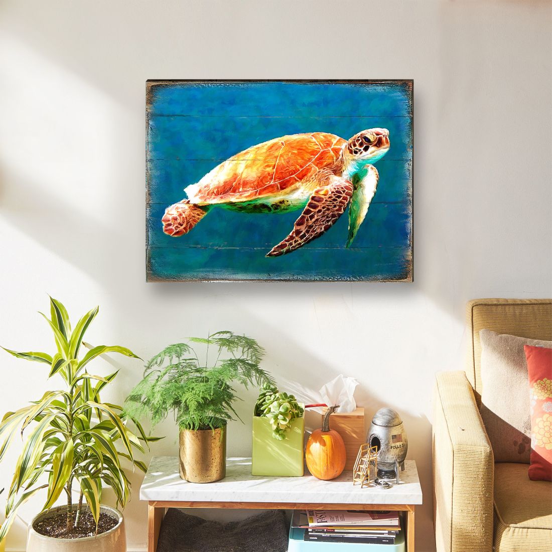 Arte de pared costero de madera con diseño de tortuga marina de Nature Wonders - Decoración costera de vida marina - 95266B
