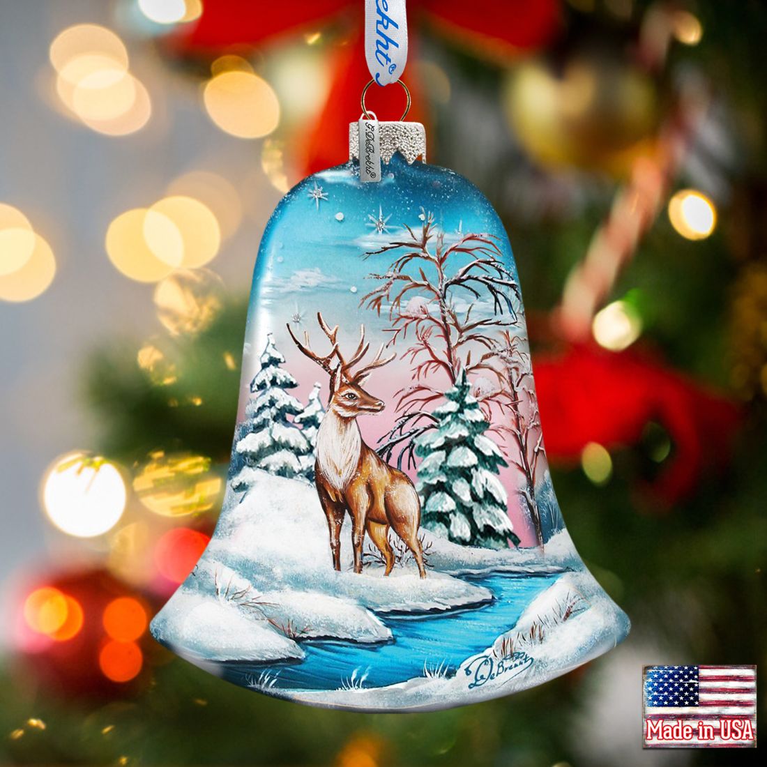 Winter Deer Bell Glass Ornament by G. DeBrekht - Wildlife Holiday Decor - 73183