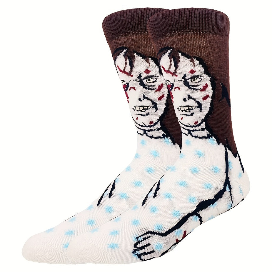 1/5 paires de chaussettes tendance pour homme, motif dessin animé Halloween Noël, respirantes, confortables et décontractées, unisexes, pour l'extérieur, toutes saisons, style urbain