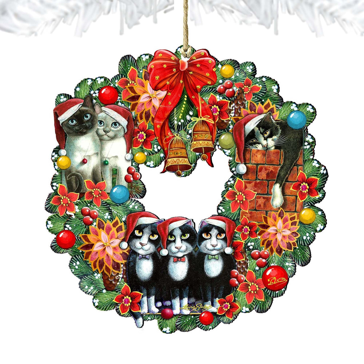 Christmas Friends Kitty Wreath Wooden Ornaments by G. DeBrekht - Pets Dog and Cats Decor - 8185307-5-SL