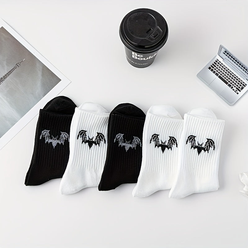 5 Pairs Bat Print Socks, Gothic & Comfy Mid Tube Socks, Women's Stockings & Hosiery