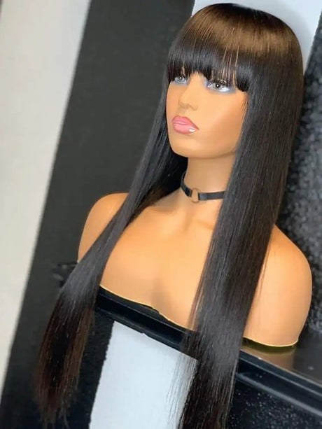 Brazilian Straight Black 100 Real Hair 30Inch Long Bangs Wig - Lootquake
