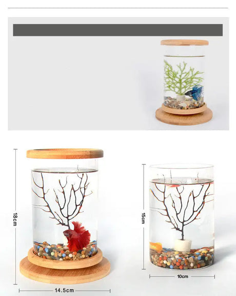Small Office Glass Aquarium Bamboo Base Mini Fish Tank Decoration Fish Bowl - Lootquake