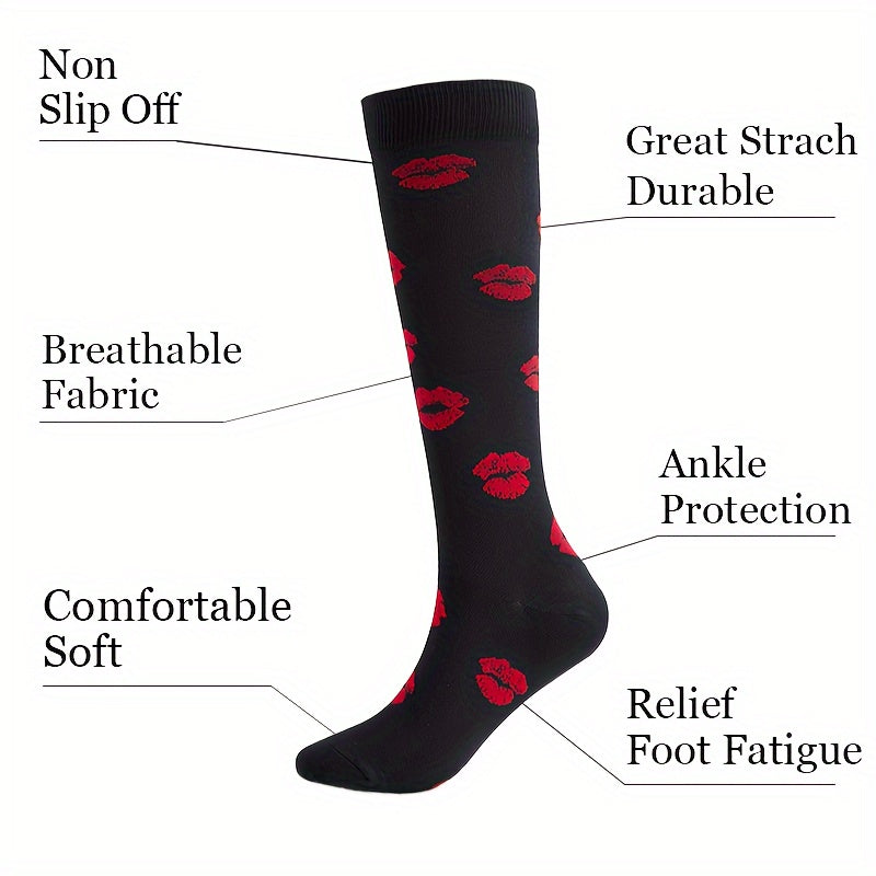 1 Pair of Stylish Striped Compression Socks for Women - Breathable, Comfortable, and Protective Ankle and Calf Support for All-Season Wear - Hand Wash Only, Nylon Blend Knit Fabric