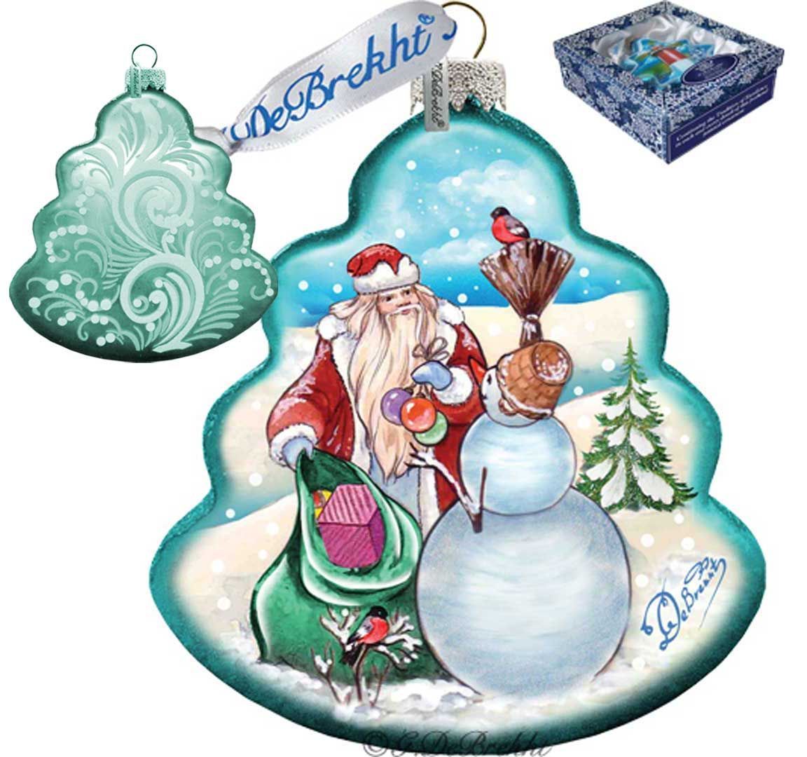 Santa with Snowman Tree Glass Ornament by G. DeBrekht - Christmas Santa Snowman Decor - 762-011