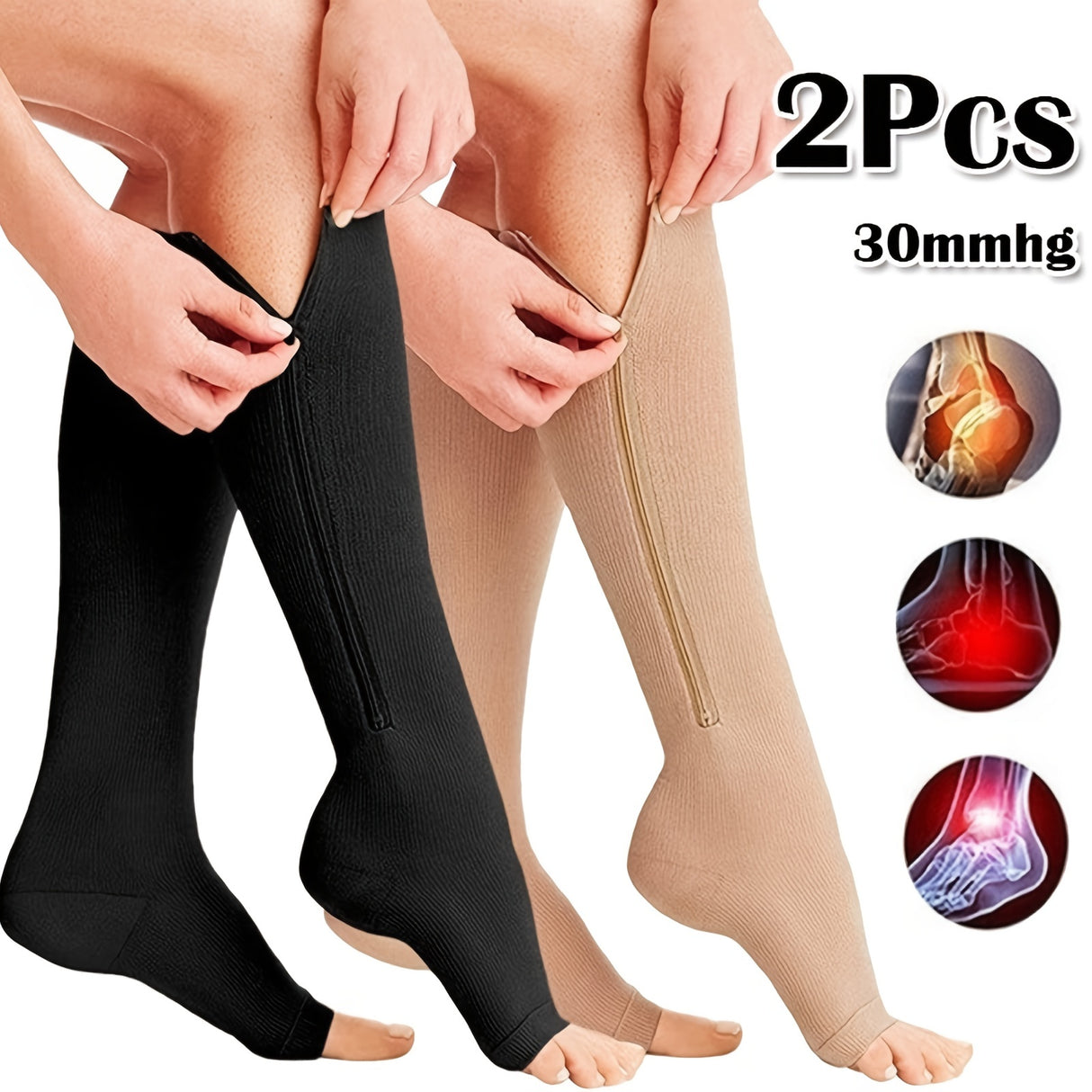Calcetines de compresión transpirables ultra cómodos (2 unidades/1 par): suaves, sin costuras y con soporte, con cremallera lateral para hombres y mujeres, ideales para uso diario, viajes y deportes.