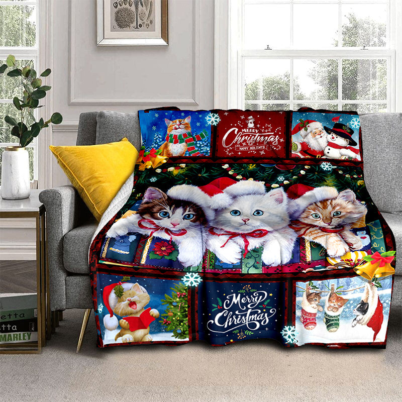 1pc Cozy Christmas Cat Santa Claus Flannel Blanket - Soft, Warm, Lightweight, Digital Printing Fleece Throw for Sofa, Bed, Travel, Camping, Living Room, Office, Couch, Chair - Perfect Gift for Family or Friends with Festive H