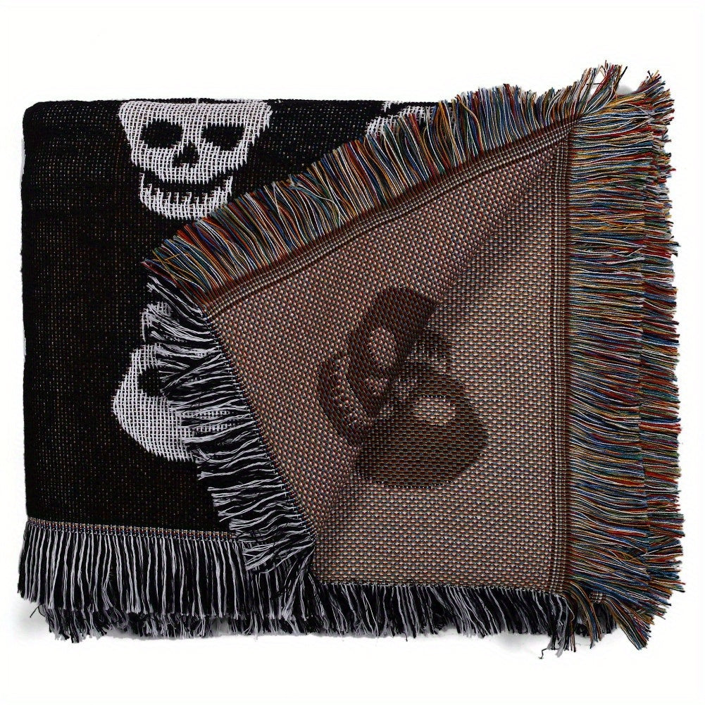 1 couverture bohème tricotée à pompons avec imprimé tête de mort blanche pour Halloween, idéale pour les loisirs, les pique-niques et le camping en plein air