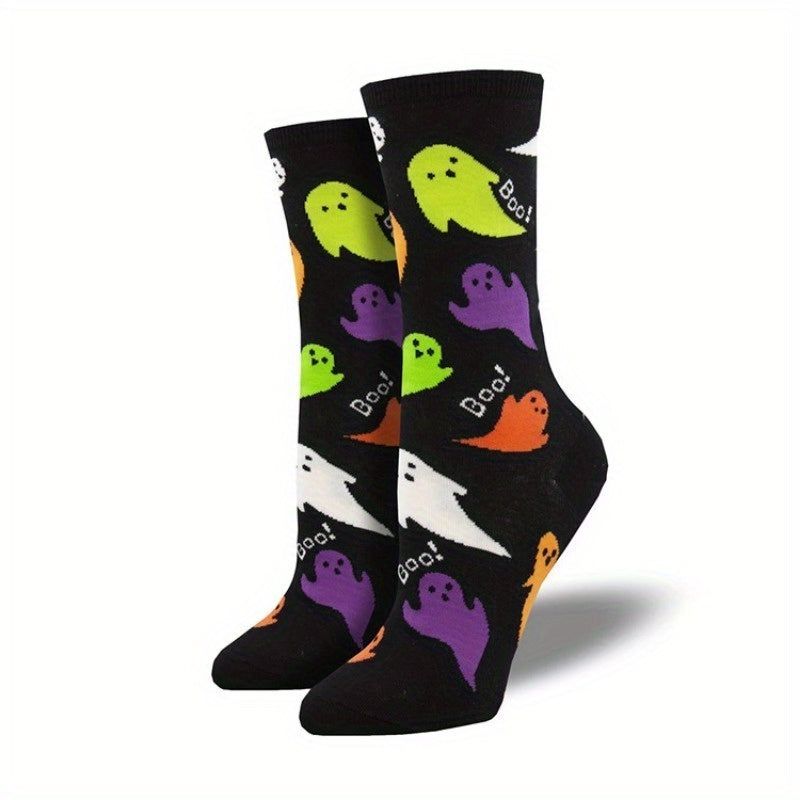 Calcetines de media caña cómodos y transpirables de mezcla de algodón con estampado gráfico de Halloween creativo y antideslizante para hombre, para uso diario en otoño e invierno, regalos de cumpleaños.