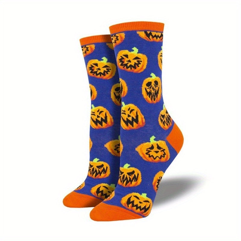 Calcetines de media caña cómodos y transpirables de mezcla de algodón con estampado gráfico de Halloween creativo y antideslizante para hombre, para uso diario en otoño e invierno, regalos de cumpleaños.