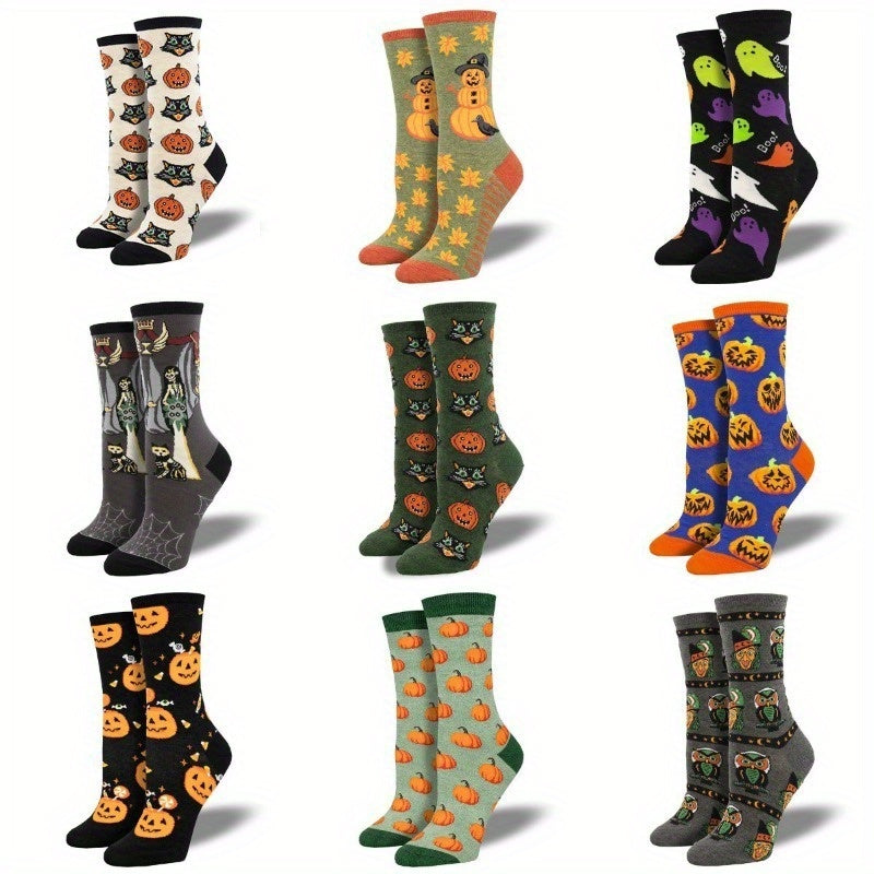 Calcetines de media caña cómodos y transpirables de mezcla de algodón con estampado gráfico de Halloween creativo y antideslizante para hombre, para uso diario en otoño e invierno, regalos de cumpleaños.