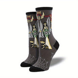 Calcetines de media caña cómodos y transpirables de mezcla de algodón con estampado gráfico de Halloween creativo y antideslizante para hombre, para uso diario en otoño e invierno, regalos de cumpleaños.