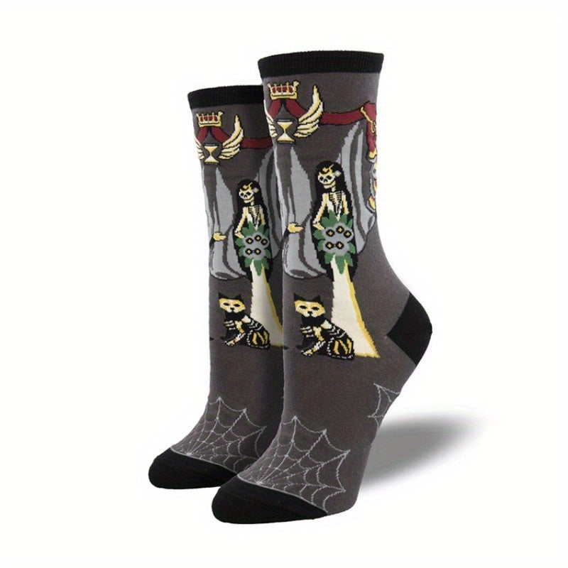 Calcetines de media caña cómodos y transpirables de mezcla de algodón con estampado gráfico de Halloween creativo y antideslizante para hombre, para uso diario en otoño e invierno, regalos de cumpleaños.