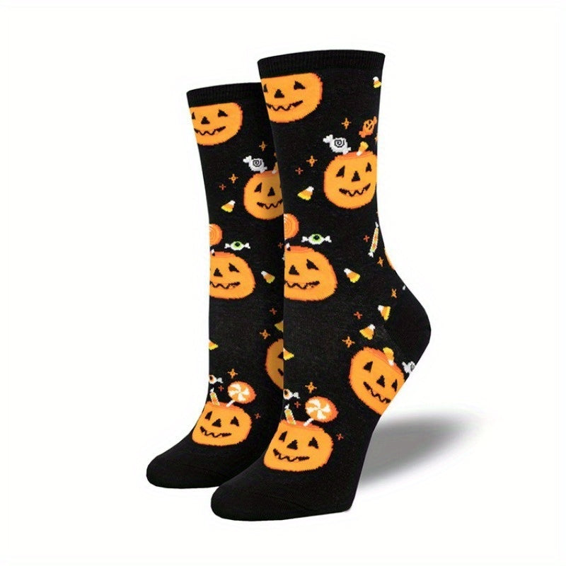 Calcetines de media caña cómodos y transpirables de mezcla de algodón con estampado gráfico de Halloween creativo y antideslizante para hombre, para uso diario en otoño e invierno, regalos de cumpleaños.