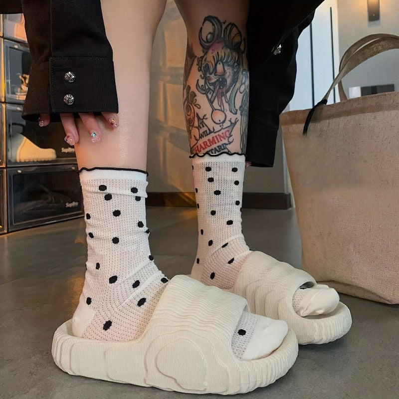 1 Pair Of Polka Dot Print Crew Socks, Sweet Style Cozy Breathable All-match Mid-tube Socks, Women's Stockings & Hosiery