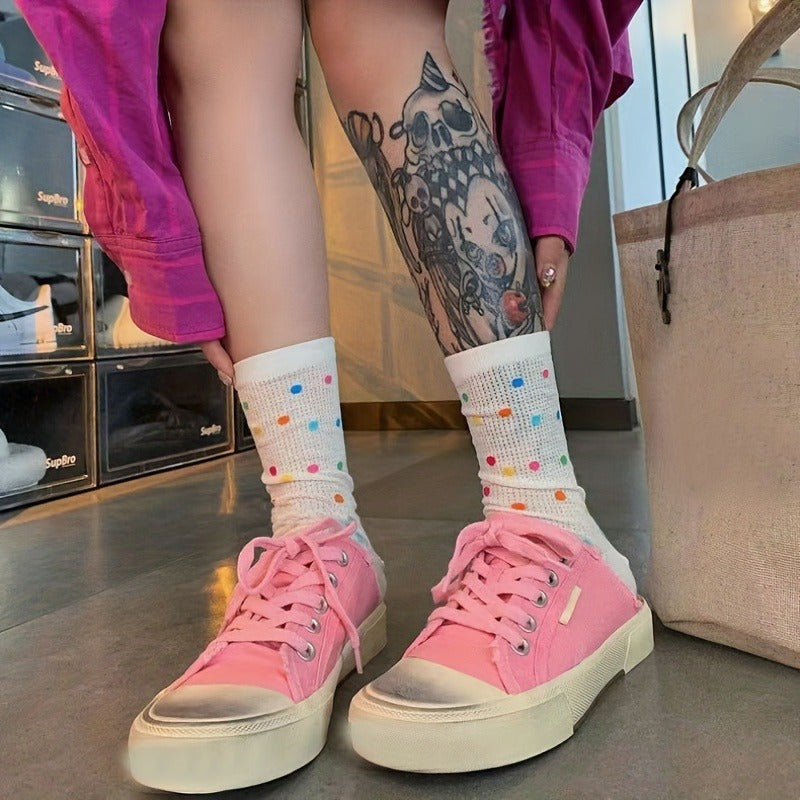 1 Pair Of Polka Dot Print Crew Socks, Sweet Style Cozy Breathable All-match Mid-tube Socks, Women's Stockings & Hosiery