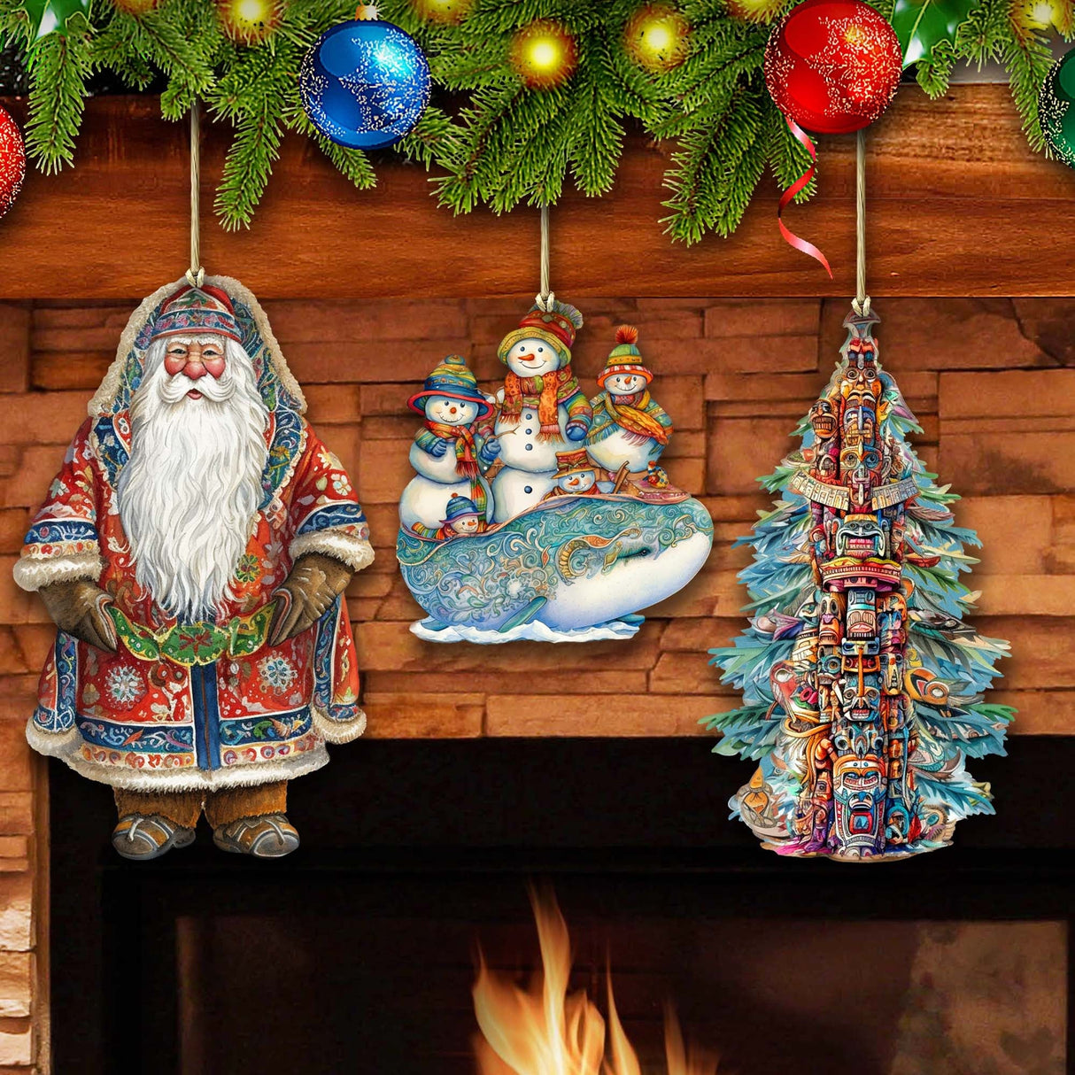 Papá Noel de todo el mundo - Papá Noel de inspiración alaskeña - Juego de 3 adornos de madera de G. DeBrekht - Decoración navideña de Papá Noel y muñeco de nieve - 8091314S3