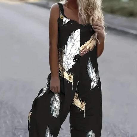 Women's Feather Print Ruffle Hem Pleated Fashionable Jumpsuit - Lootquake