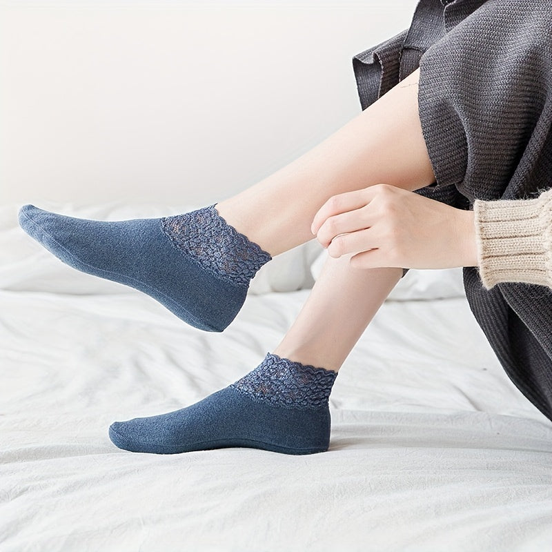 8 pares de calcetines de encaje en contraste, suaves, cómodos y antideslizantes hasta el tobillo, medias y calcetería para mujer.