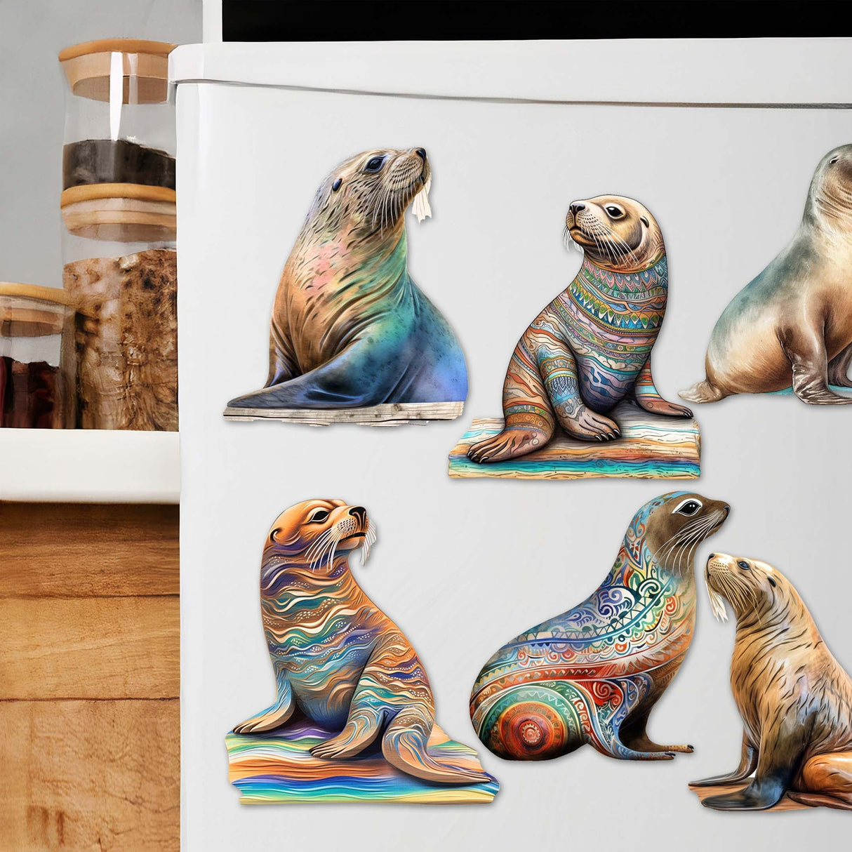 Coastal Sea Lions Decorative Wooden Magnets Set of 6 by G. Debrekht - Wildlife Decor - 8090112G-S6