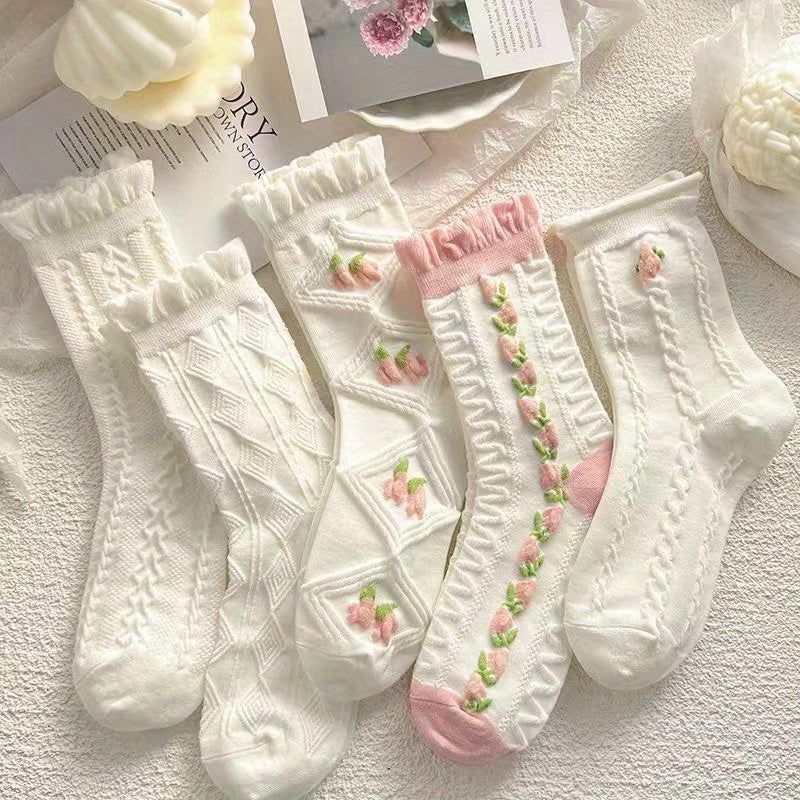 5 pares de calcetines con textura floral, bonitos y suaves, con ribete de volantes, medias y calcetería para mujer.