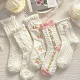 5 pares de calcetines con textura floral, bonitos y suaves, con ribete de volantes, medias y calcetería para mujer.