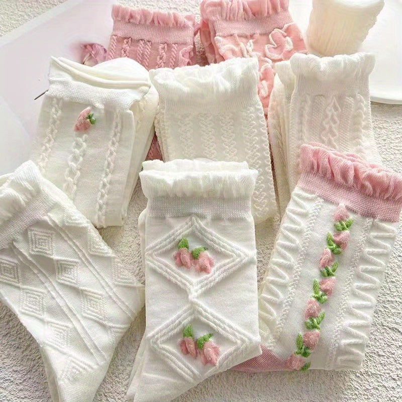 5 pares de calcetines con textura floral, bonitos y suaves, con ribete de volantes, medias y calcetería para mujer.