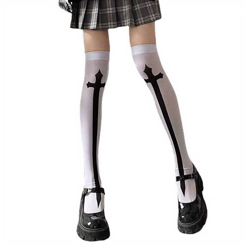 Medias altas con estampado cruzado, calcetines ajustados por encima de la rodilla estilo JK, medias y calcetería para mujer
