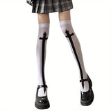 Medias altas con estampado cruzado, calcetines ajustados por encima de la rodilla estilo JK, medias y calcetería para mujer