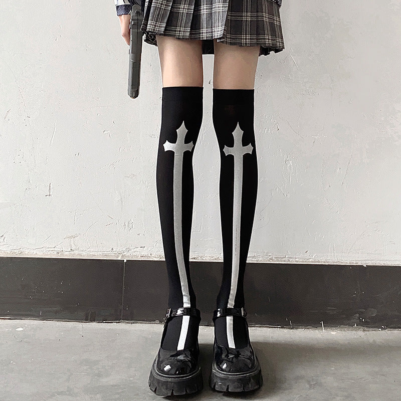 Medias altas con estampado cruzado, calcetines ajustados por encima de la rodilla estilo JK, medias y calcetería para mujer