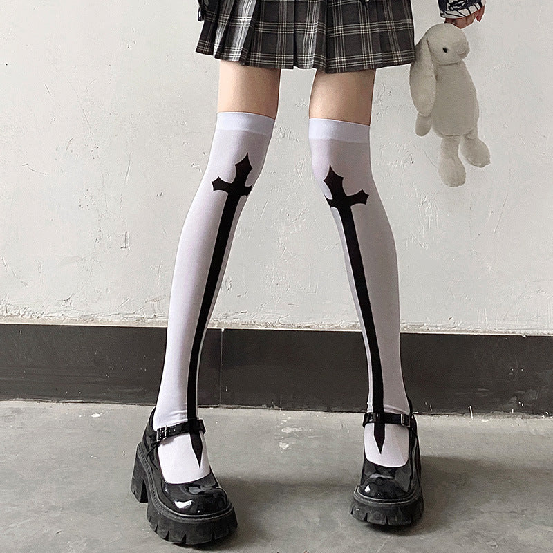 Medias altas con estampado cruzado, calcetines ajustados por encima de la rodilla estilo JK, medias y calcetería para mujer
