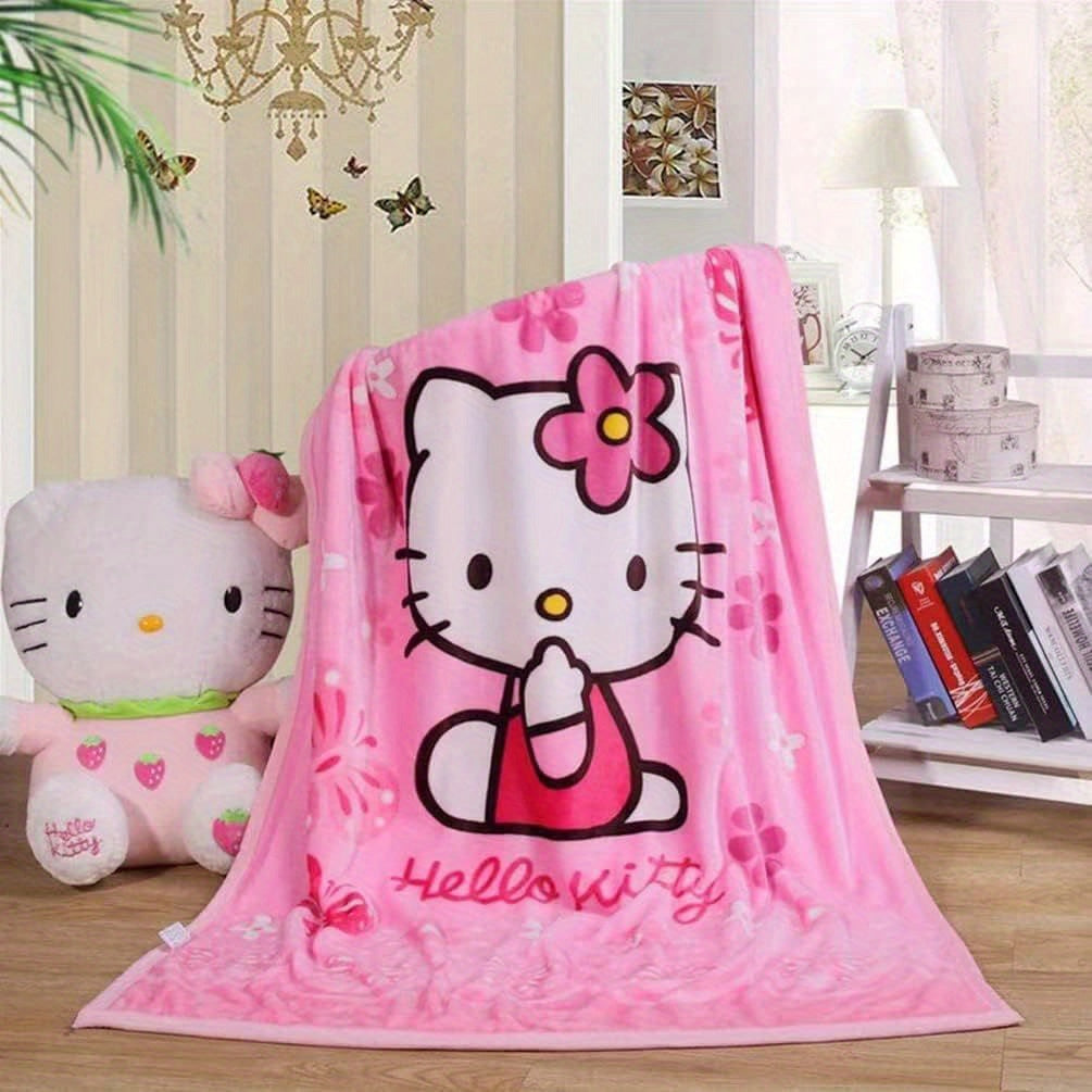 For Hello Kitty Anime-Themed Flannel Blanket, Glam Style, Digital Print, All-Season Comfort, Tear-Resistant, Knitted Craftsmanship, Polyester, with Applique Embellishment, for Cozy Plush Flannel Cover