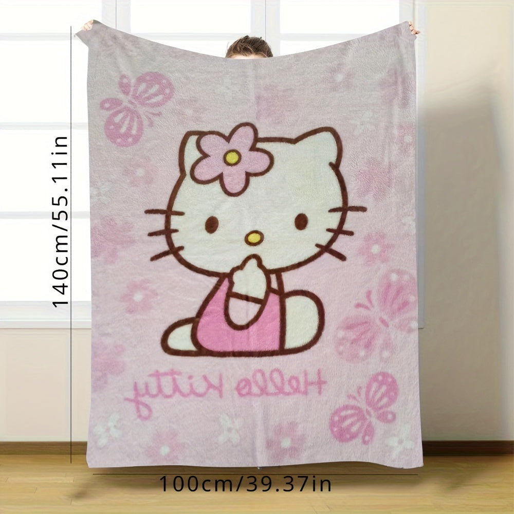For Hello Kitty Anime-Themed Flannel Blanket, Glam Style, Digital Print, All-Season Comfort, Tear-Resistant, Knitted Craftsmanship, Polyester, with Applique Embellishment, for Cozy Plush Flannel Cover