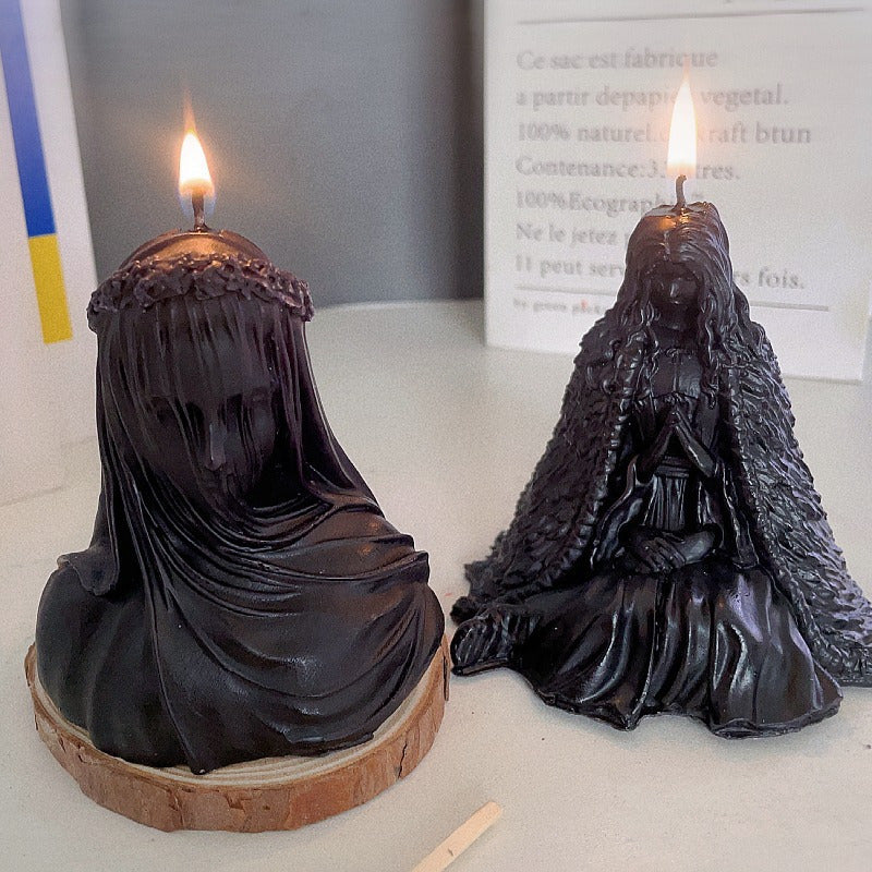 Gothic Dark Witch Scented Candle: Mysterious Female Mage Seated Statue Candle - Elden Ring Witch Design, No Electricity Required, Wax and Gelatin Material