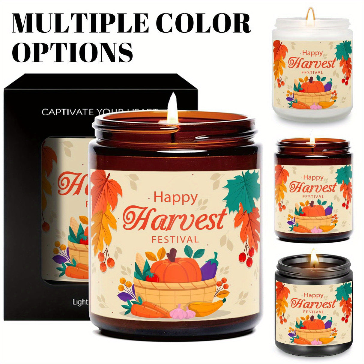 Happy Harvest Festival Scented Candle Fall Themed Autumn Orange Terracotta Burnt Rustic Farmhouse September October Thanksgiving Day Decoration Gift Idea for Home Women Woman Hostess Men Friends Mom Wife Grandma Cute I