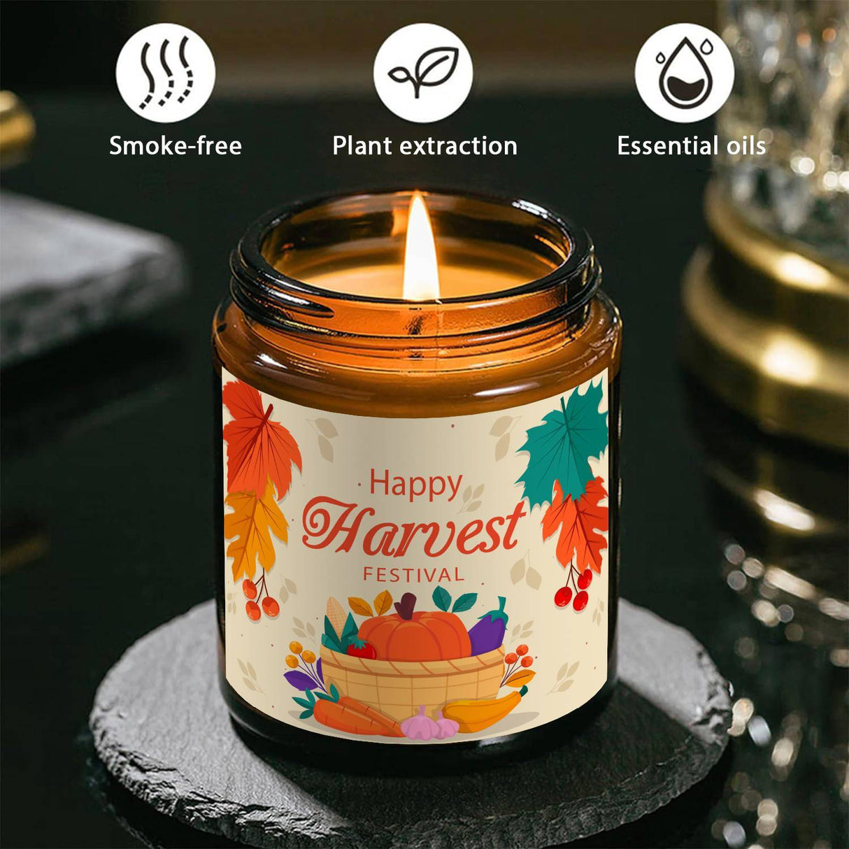 Happy Harvest Festival Scented Candle Fall Themed Autumn Orange Terracotta Burnt Rustic Farmhouse September October Thanksgiving Day Decoration Gift Idea for Home Women Woman Hostess Men Friends Mom Wife Grandma Cute I