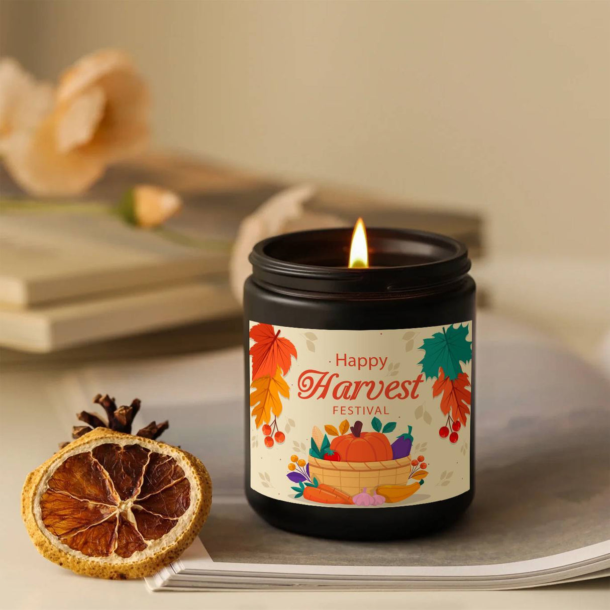 Happy Harvest Festival Scented Candle Fall Themed Autumn Orange Terracotta Burnt Rustic Farmhouse September October Thanksgiving Day Decoration Gift Idea for Home Women Woman Hostess Men Friends Mom Wife Grandma Cute I