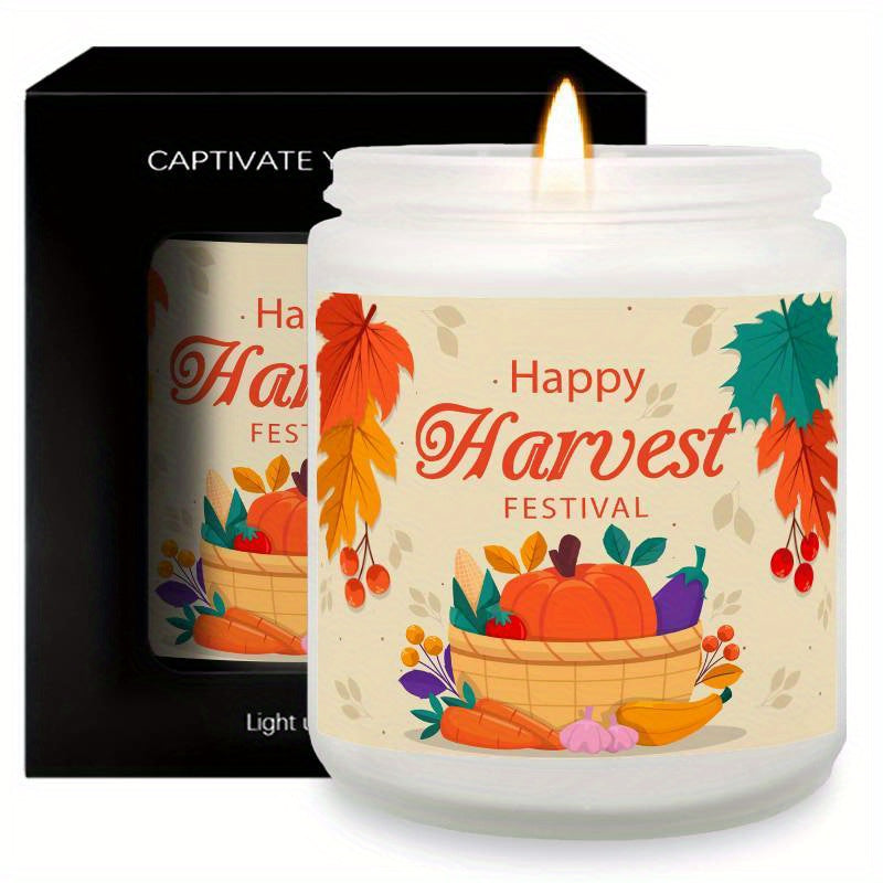 Happy Harvest Festival Scented Candle Fall Themed Autumn Orange Terracotta Burnt Rustic Farmhouse September October Thanksgiving Day Decoration Gift Idea for Home Women Woman Hostess Men Friends Mom Wife Grandma Cute I