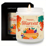 Happy Harvest Festival Scented Candle Fall Themed Autumn Orange Terracotta Burnt Rustic Farmhouse September October Thanksgiving Day Decoration Gift Idea for Home Women Woman Hostess Men Friends Mom Wife Grandma Cute I