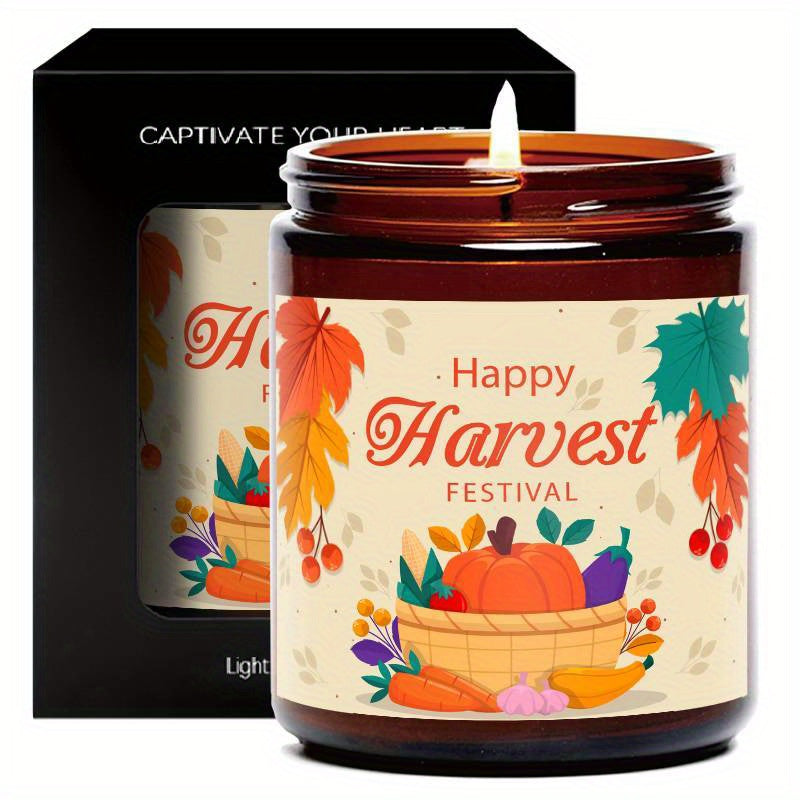 Happy Harvest Festival Scented Candle Fall Themed Autumn Orange Terracotta Burnt Rustic Farmhouse September October Thanksgiving Day Decoration Gift Idea for Home Women Woman Hostess Men Friends Mom Wife Grandma Cute I