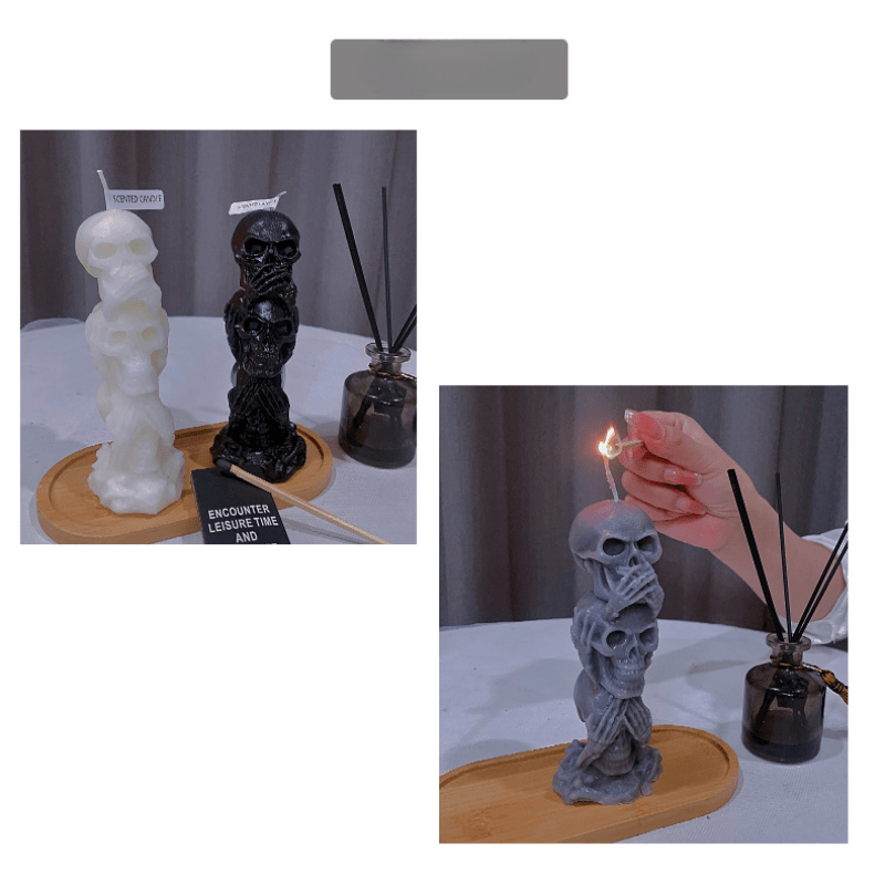Vela perfumada de calavera de Halloween - Triple cabeza, diseño "No veo, no oigo, no digo nada", cera de soja, forma irregular, recipiente para vaso
