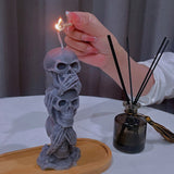 Vela perfumada de calavera de Halloween - Triple cabeza, diseño "No veo, no oigo, no digo nada", cera de soja, forma irregular, recipiente para vaso