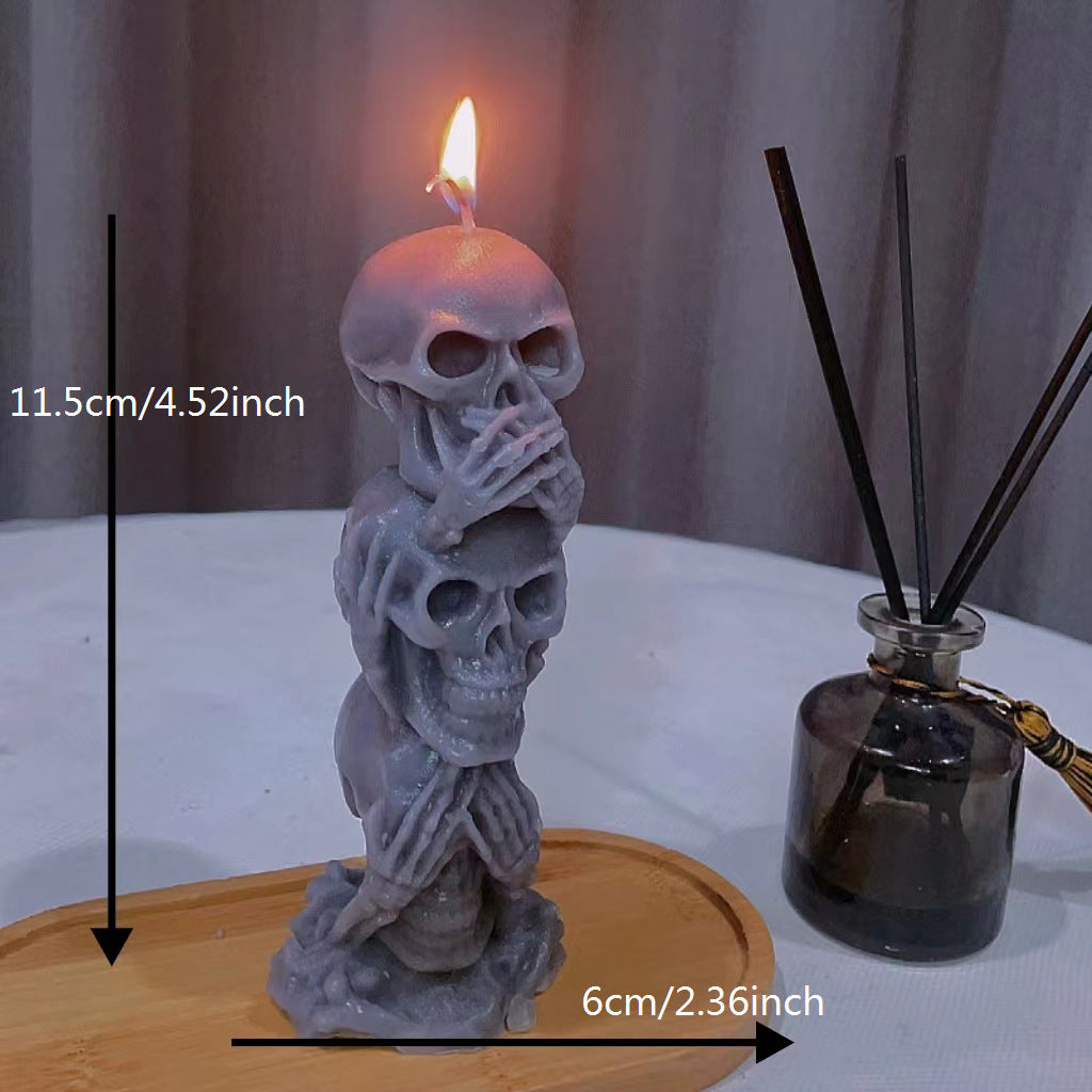 Vela perfumada de calavera de Halloween - Triple cabeza, diseño "No veo, no oigo, no digo nada", cera de soja, forma irregular, recipiente para vaso