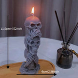 Vela perfumada de calavera de Halloween - Triple cabeza, diseño "No veo, no oigo, no digo nada", cera de soja, forma irregular, recipiente para vaso